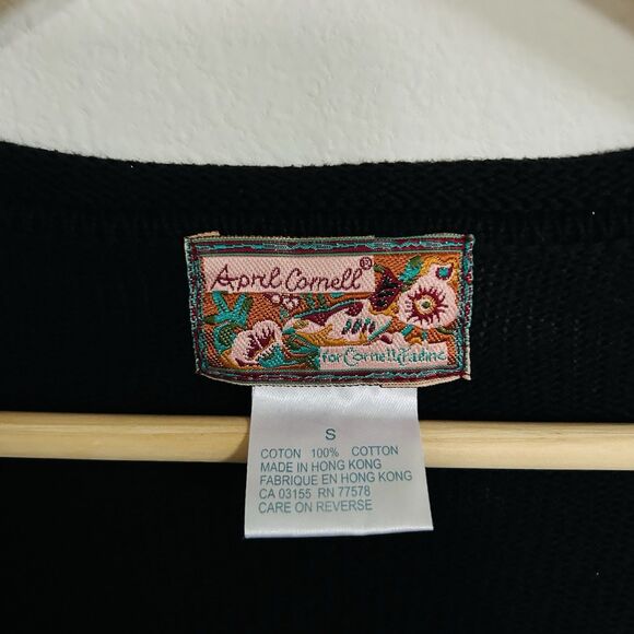 VTG April Cornell Size S Black Cardigan Pink Polka Dot Embroidery - Picture 4 of 9